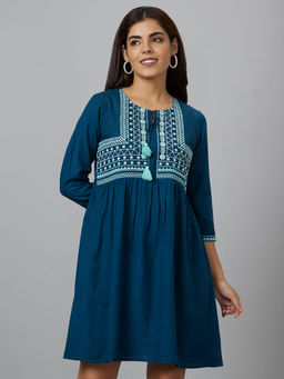 Globus - Women Teal Embroidered A-line Dress