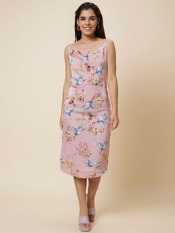 Globus - Women Peach Printed Cowl Neck Strappy Sheath Dress