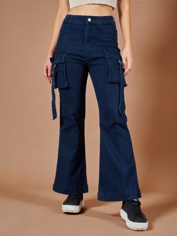DOLCE CRUDO - Navy Blue Bootcut High Rise Clean Look Stretchable Denim Jeans