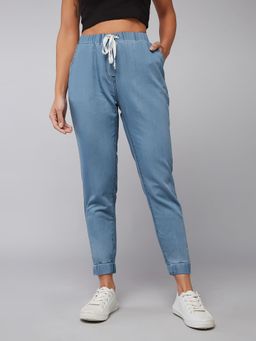 DOLCE CRUDO - Blue Regular Fit Mid Rise Non-Stretchable Denim Joggers