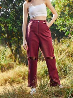 AAREIN - Women Knee Cut-Out Denim Trouser - Burgundy