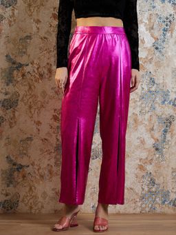 AAREIN - Women Smart Loose Fit Mid-Rise Non Iron Pleated Bootcut Trousers - Pink