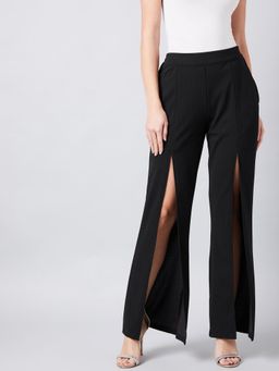 AAREIN - Women Black Smart Flared Slit Parallel Trousers - Black