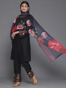 Libas - Black Solid Kurta and Trouser with Printed Dupatta (Set of 3)