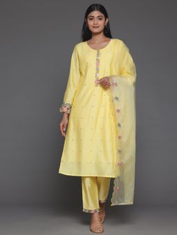 Libas - Yellow Embroidered Straight Kurta and Trouser with Dupatta (Set of 3)