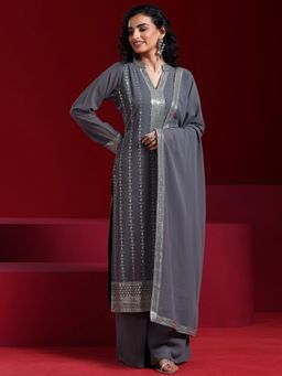 Libas - Grey Embellished Straight Kurta and Palazzo with Dupatta (Set of 3)