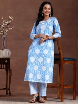 Libas - Blue Floral Printed Straight Kurta with Trouser (Set of 2)