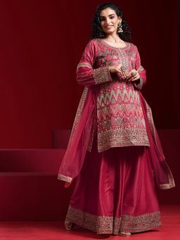 Libas Art - Coral Zari Embroidered Kurta with Palazzo and Dupatta (Set of 3)