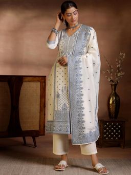 Libas - White Woven Straight Kurta with Solid Trouser and Dupatta (Set of 3)