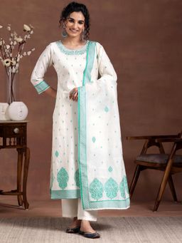 Libas - Off White Woven Straight Kurta with Trouser and Dupatta (Set of 3)
