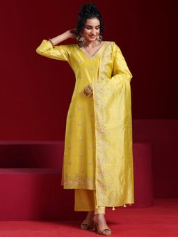 Libas Art - Yellow Embroidered Kurta with Trouser and Dupatta (Set of 3)
