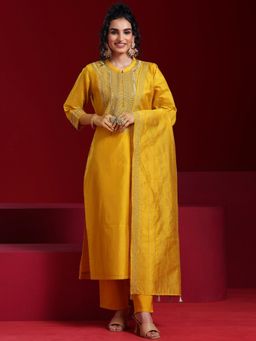 Libas Art - Mustard Zari Embroidered Kurta with Trouser and Dupatta (Set of 3)