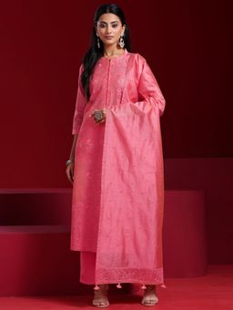 Libas Art - Pink Embroidered Straight Kurta with Trouser and Dupatta (Set of 3)