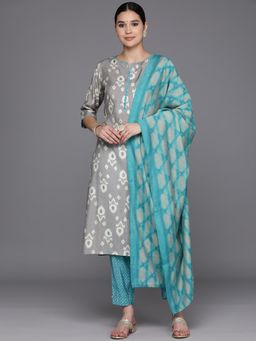 Libas - Grey Printed Straight Kurta with Trouser and Dupatta (Set of 3)