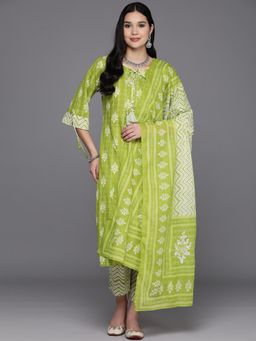 Libas - Lime Green Printed Straight Kurta with Trouser and Dupatta (Set of 3)