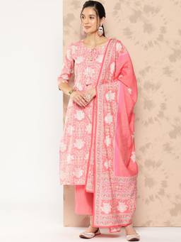 Libas - Pink Printed Kurta with Trouser and Dupatta (Set of 3)