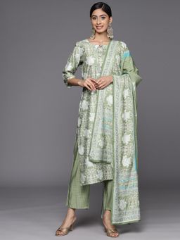 Libas - Green Printed Kurta with Trouser and Dupatta (Set of 3)