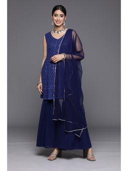 Libas - Navy Blue Kurta with Sharara and Dupatta (Set of 3)