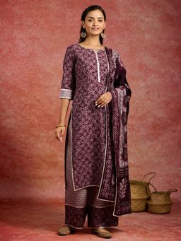 Libas - Wine Printed Kurta with Palazzo and Dupatta (Set of 3)