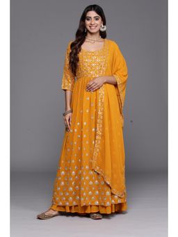 Libas - Mustard Embroidered Kurta with Palazzo and Dupatta (Set of 3)