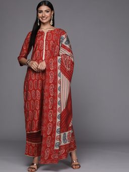 Libas - Red Paisley Print Straight Kurta with Lace Details and Trouser with Dupatta (Set of 3)