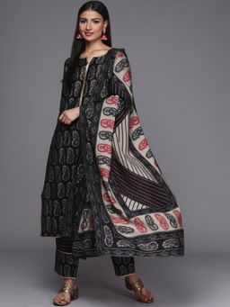 Libas - Black Paisley Print Straight Kurta with Lace Details and Trouser with Dupatta (Set of 3)