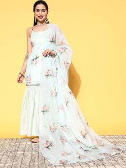 Libas - Blue Floral Print Straight Short Kurta and Sharara with Dupatta (Set of 3)