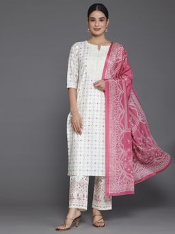 Libas - White Thread Work Kurta with Palazzo and Dupatta (Set of 3)
