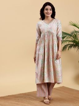 Libas - Multi-Colour Floral Printed Anarkali Kurta with Palazzo (Set of 2)