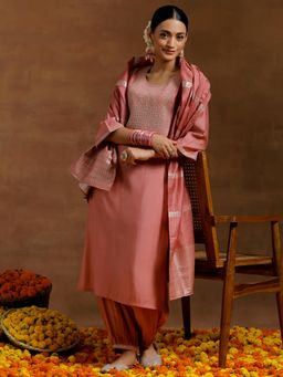 Libas - Peach Embroidered Straight Kurta with Salwar and Dupatta (Set of 3)