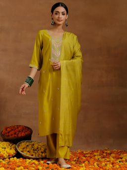 Libas - Yellow Embroidered Zari Straight Kurta with Trouser and Dupatta (Set of 3)