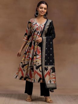 Libas - Black Printed Kurta with Trouser and Dupatta (Set of 3)