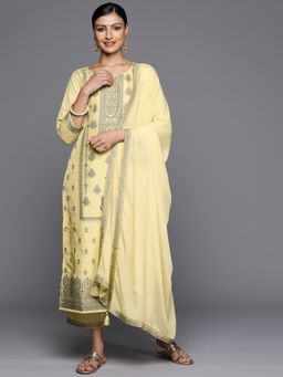 Libas - Pale Yellow Woven Kurta with Trouser and Dupatta (Set of 3)