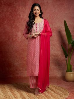 Libas - Women Pink Printed Kurta with Palazzo and Dupatta (Set of 3)