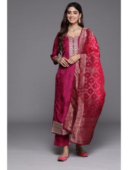 Libas - Pink Floral Woven Kurta with and Solid Palazzo with Dupatta (Set of 3)