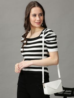 SHOWOFFFF - Womens Square Neck Fitted Self Design Black Crop Top