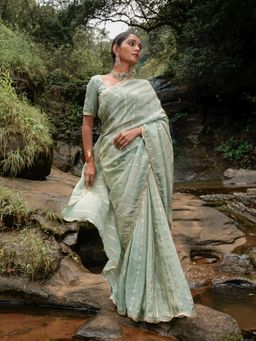 Suta - Mint Viscose Scallop Lace Zari Saree Without Blouse