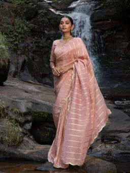 Suta - Peach Viscose Scallop Lace Zari Saree Without Blouse