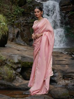 Suta - Pink Viscose Scallop Lace Zari Saree Without Blouse