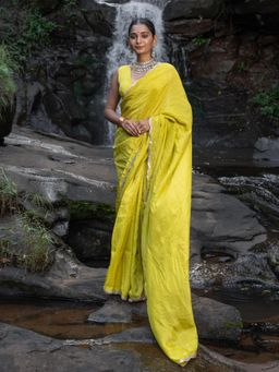 Suta - Neon Green Viscose Scallop Lace Zari Saree Without Blouse