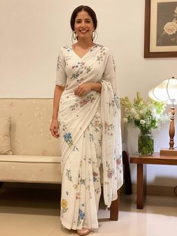 Anjaneya Sarees - White Designer Linen Silk Printed With Unstitched Blouse