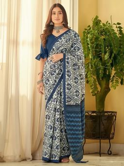 Anjaneya Sarees - Blue Designer Linen Silk Printed With Unstitched Blouse