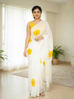 Anjaneya Sarees - White Designer Linen Silk Printed With Unstitched Blouse