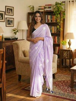 Anjaneya Sarees - Purple Designer Linen Silk With Unstitched Blouse