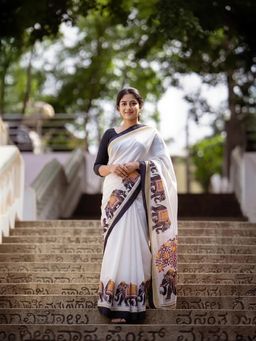 Anjaneya Sarees - White Designer Linen Silk Printed With Unstitched Blouse