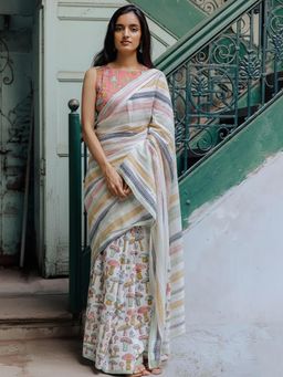 Anjaneya Sarees - Off White Designer Linen Silk Printed With Unstitched Blouse