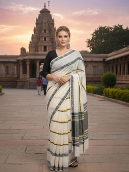 Anjaneya Sarees - White Designer Linen Silk Printed With Unstitched Blouse