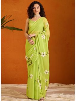 Anjaneya Sarees - Green Designer Linen Silk With Unstitched Blouse