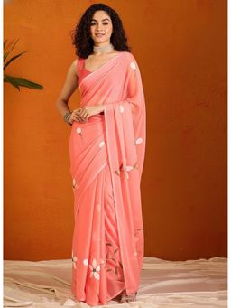 Anjaneya Sarees - Peach Designer Linen Silk Printed With Unstitched Blouse