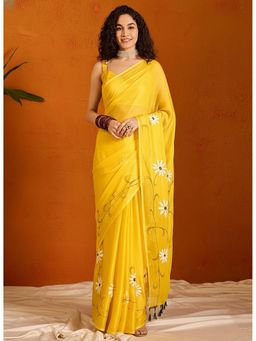 Anjaneya Sarees - Yellow Designer Linen Silk Printed With Unstitched Blouse